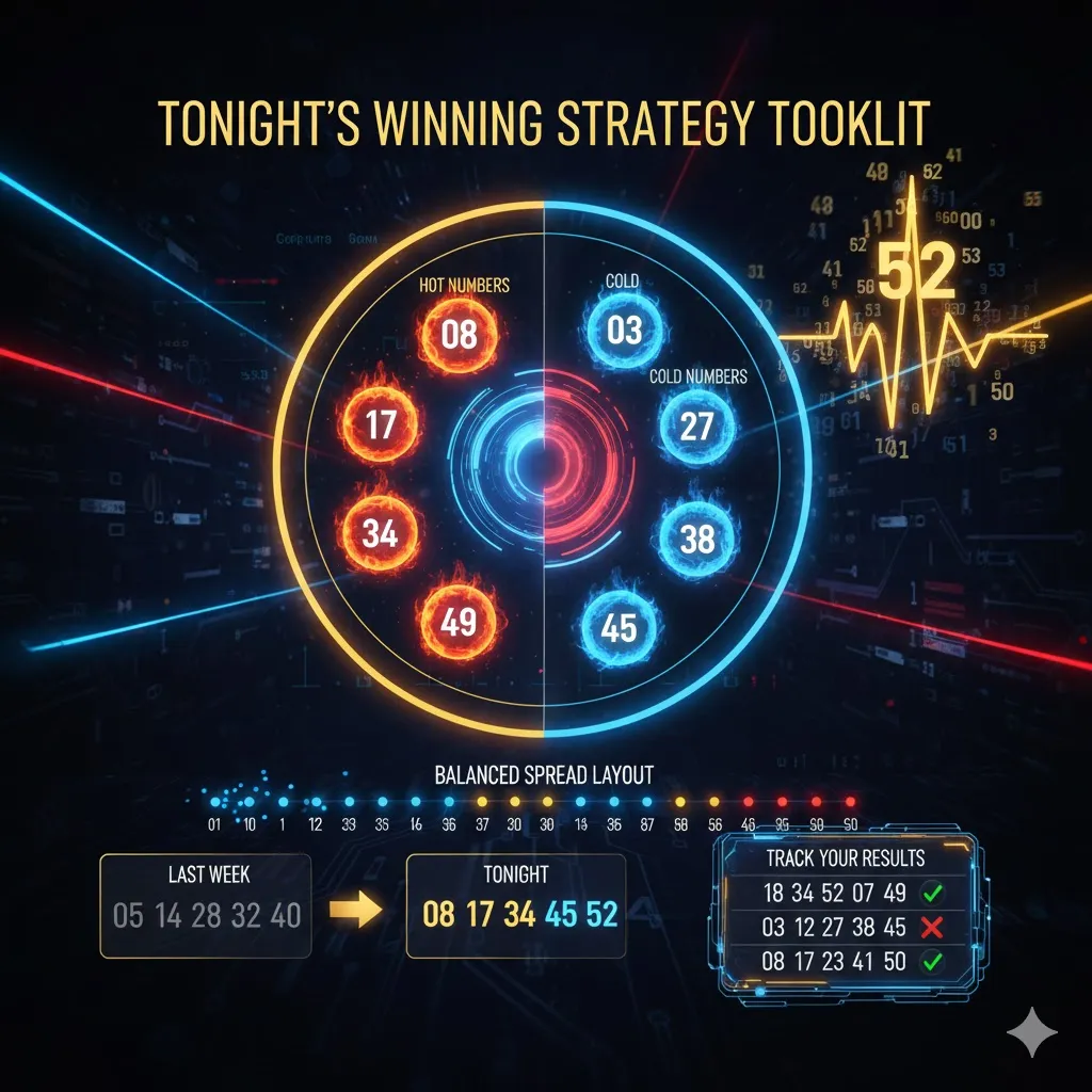 Glowing hot and cold numbers, data spikes, number spread chart, weekly comparison, and tracking dashboard representing winning prediction techniques.